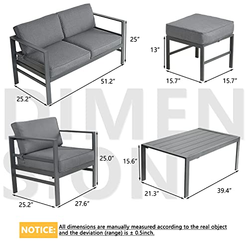 Auzfy Cast Aluminum Outdoor Patio Furniture with Ottomans, All Weather Metal Outdoor Patio Sectional Conversation Furniture Set with Coffee Table, 8pcs Modern Outdoor Steel Seating Furniture Set, Grey