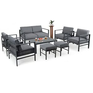 Auzfy Cast Aluminum Outdoor Patio Furniture with Ottomans, All Weather Metal Outdoor Patio Sectional Conversation Furniture Set with Coffee Table, 8pcs Modern Outdoor Steel Seating Furniture Set, Grey