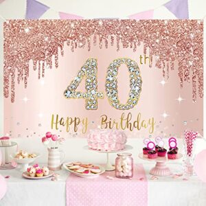 Happy 40th Birthday Banner Backdrop Decorations for Women, Rose Gold 40 Birthday Party Sign Supplies, Pink 40 Year Old Birthday Poster Background Photo Booth Props Decor