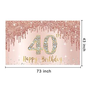 Happy 40th Birthday Banner Backdrop Decorations for Women, Rose Gold 40 Birthday Party Sign Supplies, Pink 40 Year Old Birthday Poster Background Photo Booth Props Decor