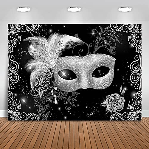 Mocsicka Masquerade Ball Backdrop Black Silver Masquerade Party Background Mardi Gras Costume Party Cake Table Decoration Banner Photo Booth Props (7x5ft)