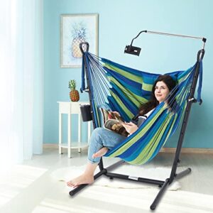 hammock chair with stand adjustable swing chair with phone stand cup holder includes double hanging chair flow bohemian hand indoor outdoor patio garden yard 420 lb capacity (blue-green)