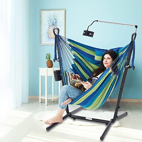 Hammock Chair with Stand Adjustable Swing Chair with Phone Stand Cup Holder Includes Double Hanging Chair Flow Bohemian Hand Indoor Outdoor Patio Garden Yard 420 lb Capacity (Blue-Green)