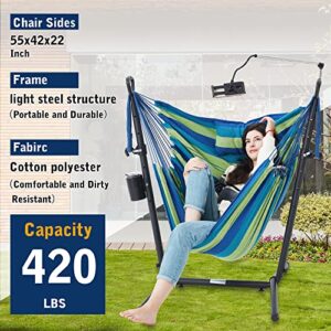 Hammock Chair with Stand Adjustable Swing Chair with Phone Stand Cup Holder Includes Double Hanging Chair Flow Bohemian Hand Indoor Outdoor Patio Garden Yard 420 lb Capacity (Blue-Green)