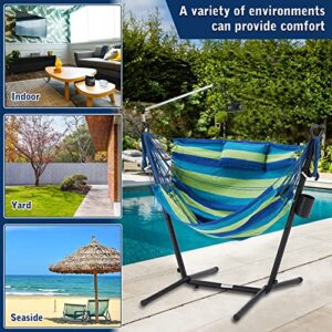 Hammock Chair with Stand Adjustable Swing Chair with Phone Stand Cup Holder Includes Double Hanging Chair Flow Bohemian Hand Indoor Outdoor Patio Garden Yard 420 lb Capacity (Blue-Green)