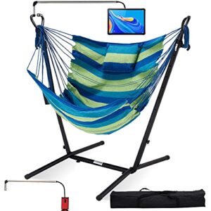 Hammock Chair with Stand Adjustable Swing Chair with Phone Stand Cup Holder Includes Double Hanging Chair Flow Bohemian Hand Indoor Outdoor Patio Garden Yard 420 lb Capacity (Blue-Green)