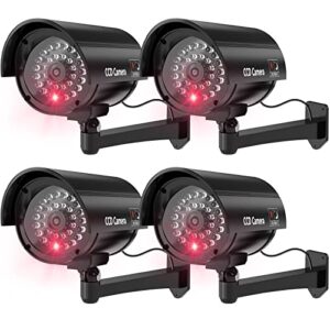 wali bullet dummy fake surveillance security cctv dome camera indoor outdoor 1 flashing led light and security alert sticker decals (wl-b1-4), black, 4 pack