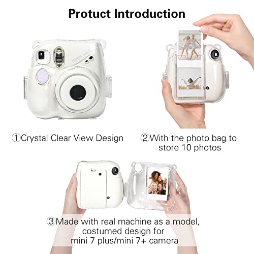 MUZIRI KINOKOO Instax Mini 7+ case, Camera Case for Fuji Instax Mini 7 Plus/Mini 7 + Instant Camera Clear Case with Shoulder Strap and Photo Pocket