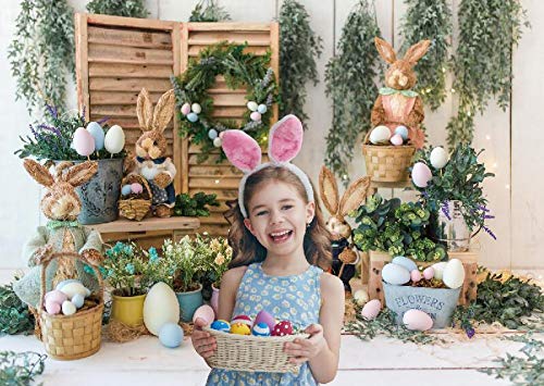 Allenjoy 7x5ft Spring Easter Backdrop Hare Rabbits Colorful Eggs Rustic Wood Floor Photography Background for Kids Children Newborn Baby Shower Birthday Party Decor Banner Portrait Photo Booth Props
