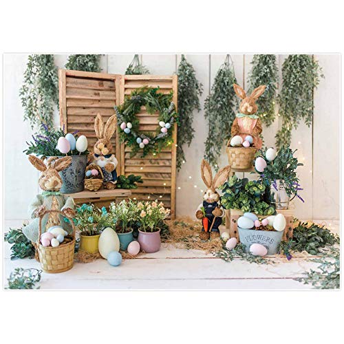 Allenjoy 7x5ft Spring Easter Backdrop Hare Rabbits Colorful Eggs Rustic Wood Floor Photography Background for Kids Children Newborn Baby Shower Birthday Party Decor Banner Portrait Photo Booth Props