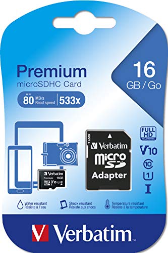 Verbatim 16GB Premium microSDHC Memory Card with Adapter, UHS-I V10 U1 Class 10, Black (44082)