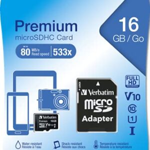 Verbatim 16GB Premium microSDHC Memory Card with Adapter, UHS-I V10 U1 Class 10, Black (44082)