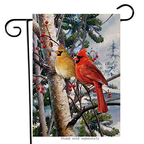 Artofy Winter Welcome Decorative Small Garden Flag Cardinal Red Yellow Birds, House Yard Pine Tree Branches Berry Outside Decor, Christmas Home Outdoor Burlap Farmhouse Decoration Double Sided 12 x 18