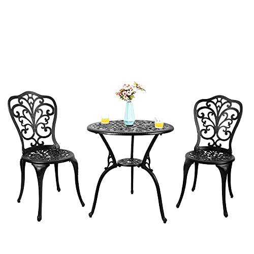 Polar Aurora 3 Piece Aluminum Patio Bistro Set Cast Aluminum Bistro Table Set Outdoor Round Dining Table with Umbrella Hole for Porch, Lawn, Garden, Backyard, Pool, Classic Black