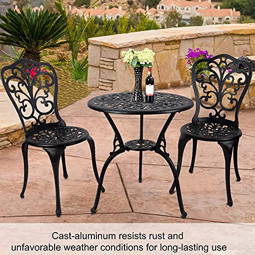 Polar Aurora 3 Piece Aluminum Patio Bistro Set Cast Aluminum Bistro Table Set Outdoor Round Dining Table with Umbrella Hole for Porch, Lawn, Garden, Backyard, Pool, Classic Black