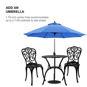 Polar Aurora 3 Piece Aluminum Patio Bistro Set Cast Aluminum Bistro Table Set Outdoor Round Dining Table with Umbrella Hole for Porch, Lawn, Garden, Backyard, Pool, Classic Black