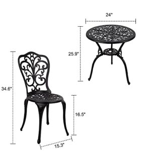 Polar Aurora 3 Piece Aluminum Patio Bistro Set Cast Aluminum Bistro Table Set Outdoor Round Dining Table with Umbrella Hole for Porch, Lawn, Garden, Backyard, Pool, Classic Black