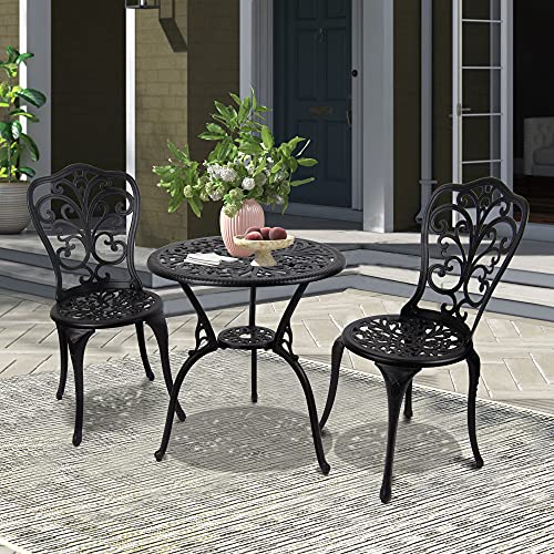 Polar Aurora 3 Piece Aluminum Patio Bistro Set Cast Aluminum Bistro Table Set Outdoor Round Dining Table with Umbrella Hole for Porch, Lawn, Garden, Backyard, Pool, Classic Black