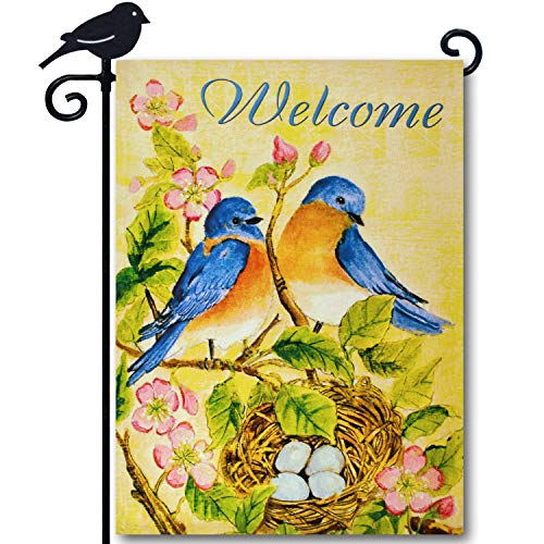 LAYOER home garden flag 12.5 x 18 inches blue welcome hummingbird bird nest spring summer double sided outdoor yard farmhouse decoration