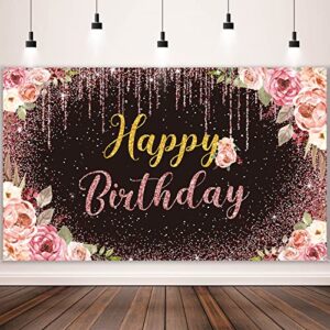 happy birthday backdrop decorations for women background party supplies rose backdrop photography for girls boys floral glitters banner wedding baby shower decor (black)