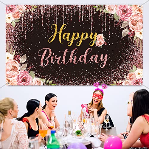 Happy Birthday Backdrop Decorations for Women Background Party Supplies Rose Backdrop Photography for Girls Boys Floral Glitters Banner Wedding Baby Shower Decor (Black)