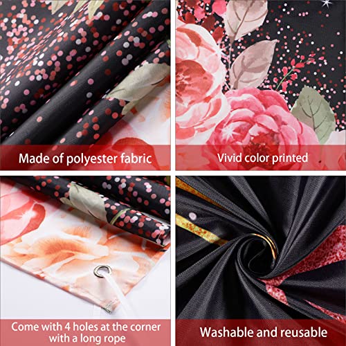 Happy Birthday Backdrop Decorations for Women Background Party Supplies Rose Backdrop Photography for Girls Boys Floral Glitters Banner Wedding Baby Shower Decor (Black)