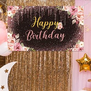 Happy Birthday Backdrop Decorations for Women Background Party Supplies Rose Backdrop Photography for Girls Boys Floral Glitters Banner Wedding Baby Shower Decor (Black)