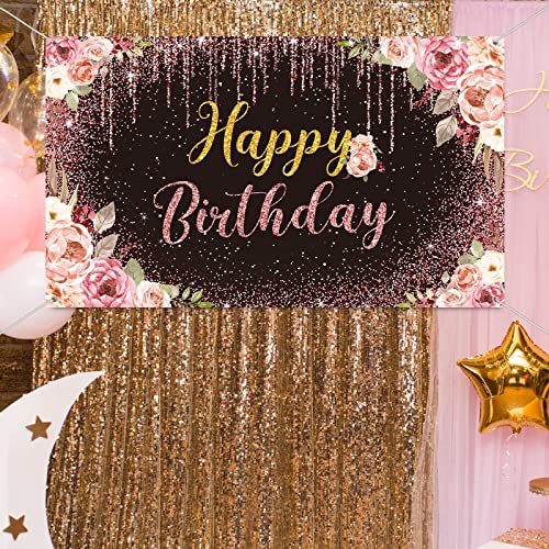 Happy Birthday Backdrop Decorations for Women Background Party Supplies Rose Backdrop Photography for Girls Boys Floral Glitters Banner Wedding Baby Shower Decor (Black)