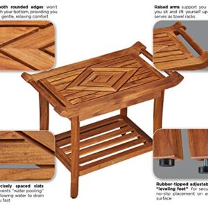 Luxury Teak Shower Bench Stool Seat Chair with Leveling Feet, Waterproof, Teak Oil Finish, Large, 25x19x14, for Bathroom, Spa, Sauna, Pool Deck, Patio, Garden, RV, from Our Diamond Collection