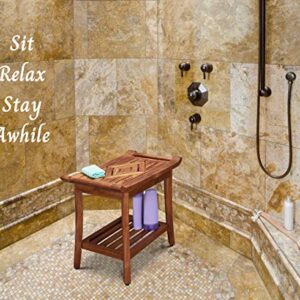 Luxury Teak Shower Bench Stool Seat Chair with Leveling Feet, Waterproof, Teak Oil Finish, Large, 25x19x14, for Bathroom, Spa, Sauna, Pool Deck, Patio, Garden, RV, from Our Diamond Collection