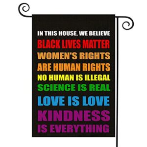 ouxioaz equality flag blm flag for in this house we believe yard sign, pride flag small science is real black lives matter vertical double sided 12.5″x18″ burlap patio outdoor decoration