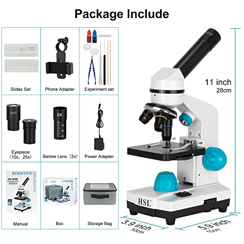 HSL Compound Monocular Microscope for Adults Students,40X-2000X Magnification,Microscopes for Beginners,Dual LED Illumination,Phone Adapter,B