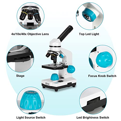 HSL Compound Monocular Microscope for Adults Students,40X-2000X Magnification,Microscopes for Beginners,Dual LED Illumination,Phone Adapter,B