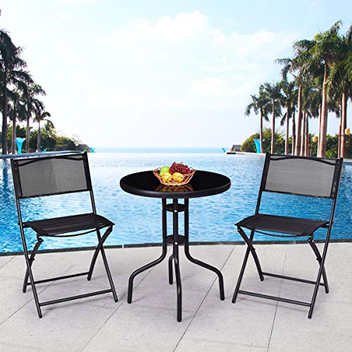 Custpromo Patio Bistro Set, Reinforced Glass Top and Rust-Proof Steel Frame, 3 Piece Foldable Garden Table and Chairs, Black