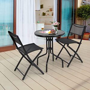 Custpromo Patio Bistro Set, Reinforced Glass Top and Rust-Proof Steel Frame, 3 Piece Foldable Garden Table and Chairs, Black
