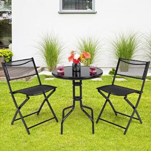 Custpromo Patio Bistro Set, Reinforced Glass Top and Rust-Proof Steel Frame, 3 Piece Foldable Garden Table and Chairs, Black