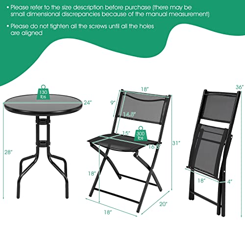 Custpromo Patio Bistro Set, Reinforced Glass Top and Rust-Proof Steel Frame, 3 Piece Foldable Garden Table and Chairs, Black