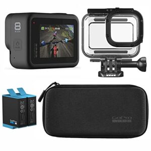 gopro hero8 black bundle: includes hero8 black camera, rechargeable battery (2 total), protective housing, and carrying case