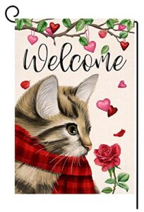 valentines cat garden flag 12×18 vertical double sided welcome red pink love heart floral farmhouse spring holiday outside decorations burlap yard flag bw238