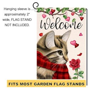 Valentines Cat Garden Flag 12x18 Vertical Double Sided Welcome Red Pink Love Heart Floral Farmhouse Spring Holiday Outside Decorations Burlap Yard Flag BW238