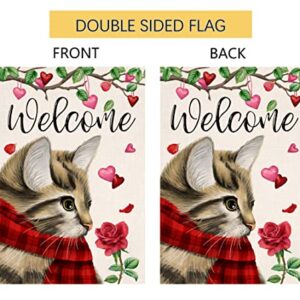 Valentines Cat Garden Flag 12x18 Vertical Double Sided Welcome Red Pink Love Heart Floral Farmhouse Spring Holiday Outside Decorations Burlap Yard Flag BW238