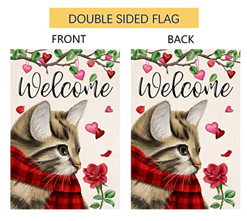 Valentines Cat Garden Flag 12x18 Vertical Double Sided Welcome Red Pink Love Heart Floral Farmhouse Spring Holiday Outside Decorations Burlap Yard Flag BW238