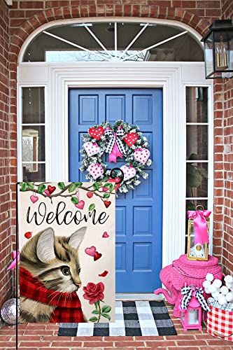 Valentines Cat Garden Flag 12x18 Vertical Double Sided Welcome Red Pink Love Heart Floral Farmhouse Spring Holiday Outside Decorations Burlap Yard Flag BW238