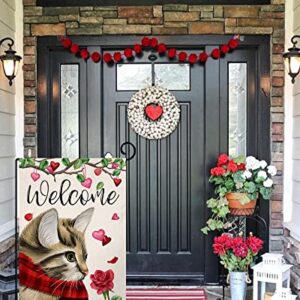 Valentines Cat Garden Flag 12x18 Vertical Double Sided Welcome Red Pink Love Heart Floral Farmhouse Spring Holiday Outside Decorations Burlap Yard Flag BW238