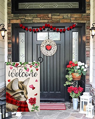 Valentines Cat Garden Flag 12x18 Vertical Double Sided Welcome Red Pink Love Heart Floral Farmhouse Spring Holiday Outside Decorations Burlap Yard Flag BW238