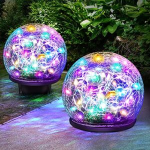 keevvon solar garden lights, 2 pack colored cracked glass solar lights outdoor decorative, upgraded waterproof multicolor led ball lights for yard pathway patio lawn christmas outside decor, 4.73″