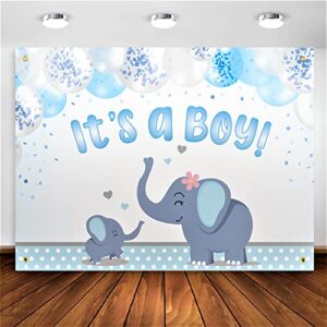 elephant baby shower backdrop banner blue gray baby shower decorations for boy, large fabric rustic animal theme birthday party supply, it’s a boy background decor, photography props 72.8 x 43.3 inch