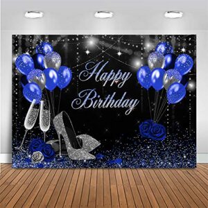 mocsicka blue and birthday backdrop for women silver high heels and blue balloons birthday party decoration for girl blue rose happy birthday party banner supplies (7x5ft (82×60 inch))