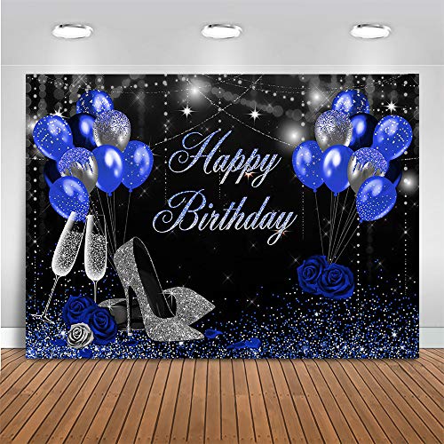 Mocsicka Blue and Birthday Backdrop for Women Silver High Heels and Blue Balloons Birthday Party Decoration for Girl Blue Rose Happy Birthday Party Banner Supplies (7x5ft (82x60 inch))