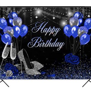 Mocsicka Blue and Birthday Backdrop for Women Silver High Heels and Blue Balloons Birthday Party Decoration for Girl Blue Rose Happy Birthday Party Banner Supplies (7x5ft (82x60 inch))